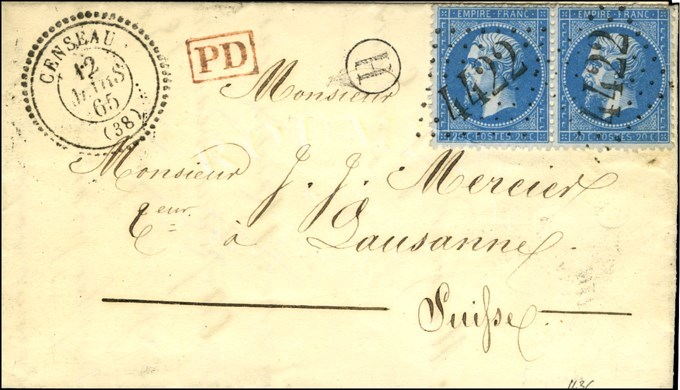 GC 4422 / N° 22 Paire Càd T 22 CENSEAU (38) B. RUR. H Sur Lettre Avec Texte Daté De Mignovillard. 1865. - SUP. - 1862 Napoléon III