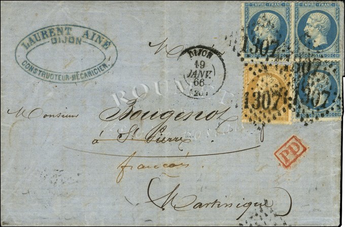 GC 1307 / N° 21 + 22 (3, 1 Ex. Pd) Càd T 15 DIJON Sur Lettre Pour St Pierre De La Martinique Réexpédiée à François, Au V - 1862 Napoleon III