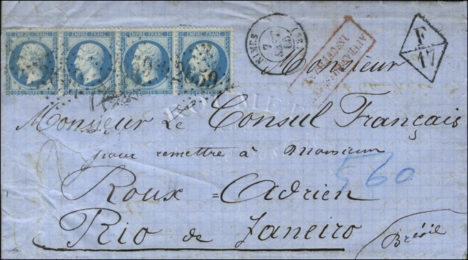 GC 2659 / N° 22 (bande De 4, 1 Ex. Def) Càd T 15 NIMES (29) Sur Lettre Insuffisamment Affranchie Pour Rio De Janeiro, Au - 1862 Napoleon III