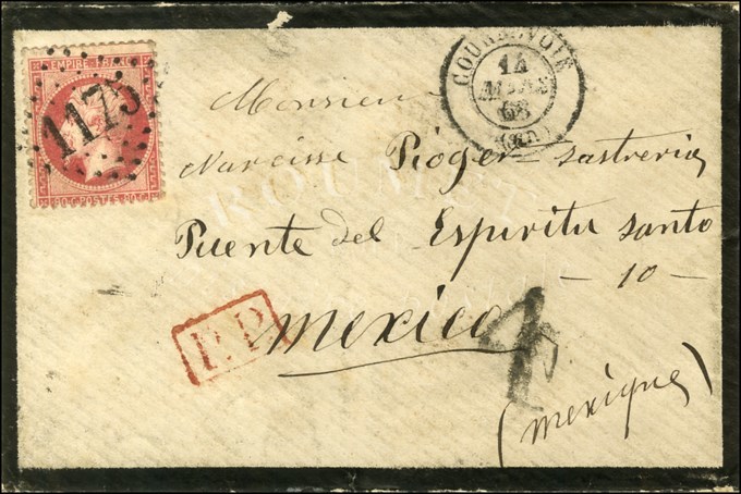 GC 1175 / N° 32 Càd T 15 COURBEVOIE (60) Sur Lettre Pour Mexico, Au Recto Taxe Tampon 4 Pour Le Trajet Intérieur, Au Ver - 1862 Napoleon III