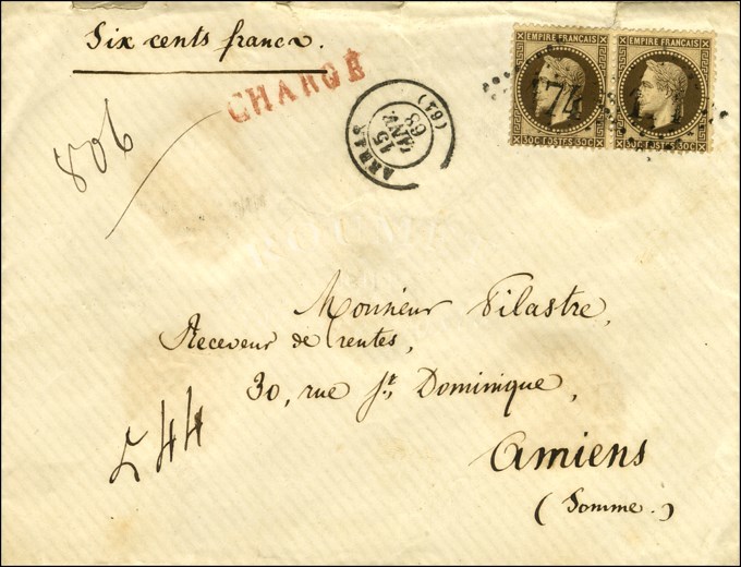 GC 174 / N° 30 Brun Foncé Paire Càd T 15 ARRAS (61) Sur Lettre Chargée. 1868. - TB / SUP. - 1863-1870 Napoléon III. Laure