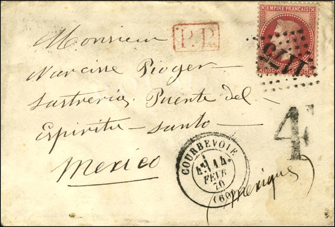 GC 1175 / N° 32 Càd T 17 COURBEVOIE (60) Sur Lettre Pour Mexico, Au Recto Taxe Tampon 4 Pour Le Trajet Intérieur, Au Ver - 1863-1870 Napoléon III. Laure