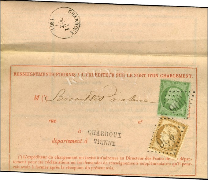 GC 906 / N° 20 + 59 Sur Avis De Réception Pour Charroux. 1871. - SUP. - 1870 Belagerung Von Paris