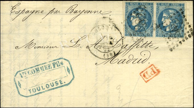 GC 3982 / N° 46 Paire Càd T 17 TOULOUSE Sur Lettre Pour Madrid. 1871. - TB. - 1870 Emisión De Bordeaux