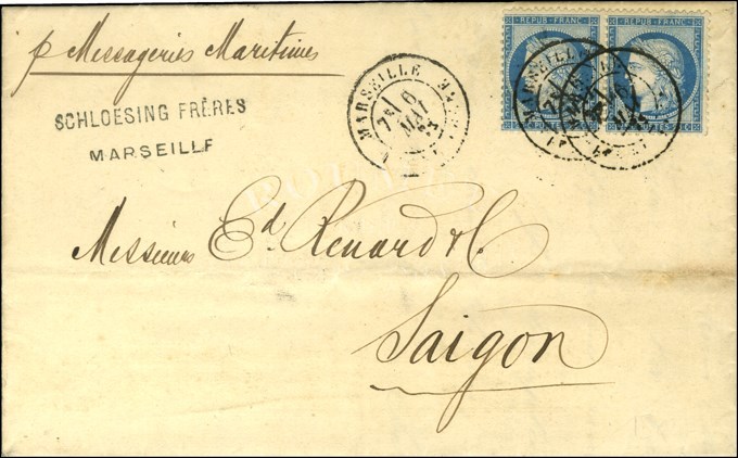 àd MARSEILLE / N° 60 Paire Sur Lettre Pour Saigon, Au Verso Càd D'arrivée. 1876. - TB. - R. - 1871-1875 Cérès