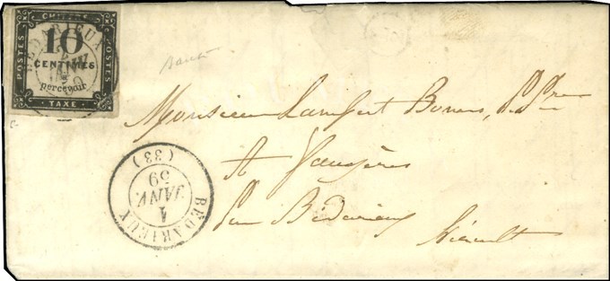 Càd T 15 BEDARIEUX (33) 1 JANV. 59 (1er Jour Du Timbre Taxe Carré) Sur Lettre Locale Non Affranchie, Taxe N° 1 (infime D - 1859-1959 Covers & Documents