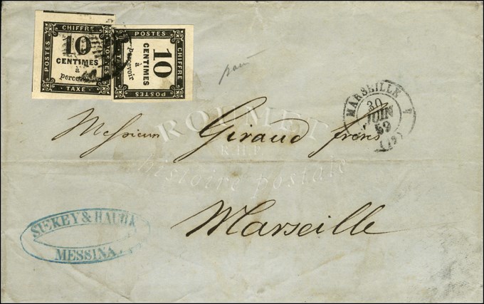 Càd MARSEILLE / Taxe N° 2 (2) Sur Lettre 2 Ports Adressée De Messine (Italie) à Marseille. 1859. - TB. - R. - 1859-1959 Covers & Documents