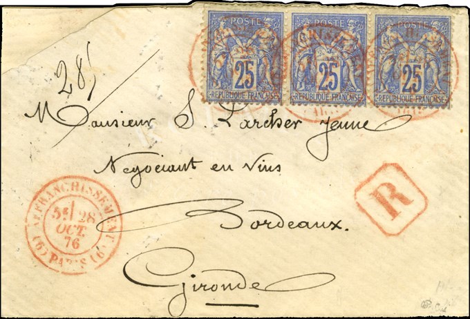 Càd Rouge AFFRANCHISSEMENT / (6) PARIS (6) / N° 78 Bande De 3 Sur Lettre Pour Bordeaux. 1876. - SUP. - R. - 1876-1878 Sage (Type I)