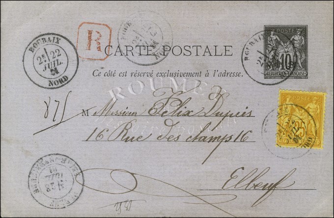 Càd ROUBAIX / NORD / Entier 10c. + N° 92 Recommandé Pour Elbeuf. 1881. - SUP. - R. - 1876-1878 Sage (Type I)