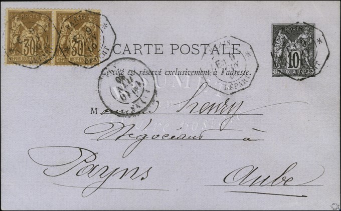 Càd Octo De Lev Ex PARIS DEPART E3 / Entier 10c. + N° 69 Paire Pour Payns (Aube). Seule Carte Connue Avec Levée Du 3ème  - 1876-1878 Sage (Type I)