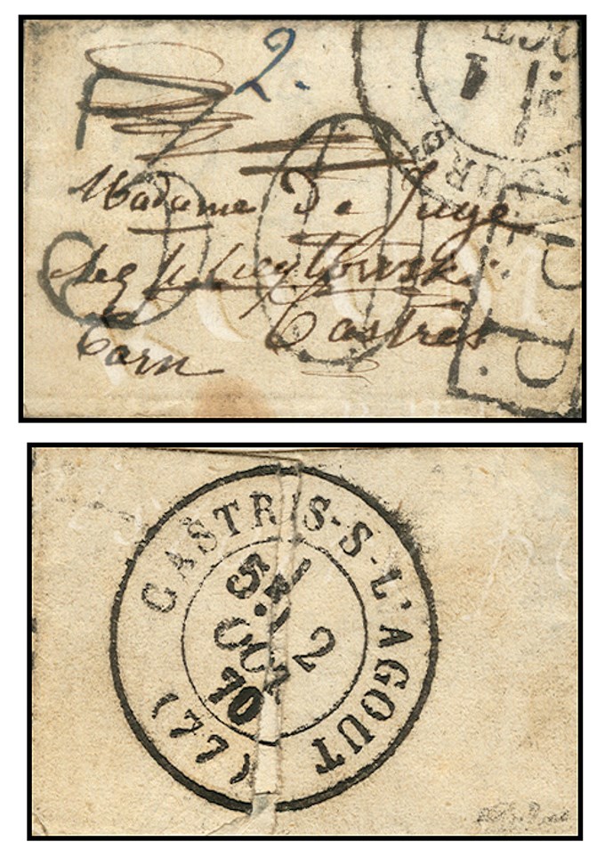 Lettre De Paris Expédiée En Pli Confié Pour Castres-s-l'Agout, Cachet De Passage TOURS 1 OCT. 70, Taxe 30 DT Annulée Plu - Guerre De 1870