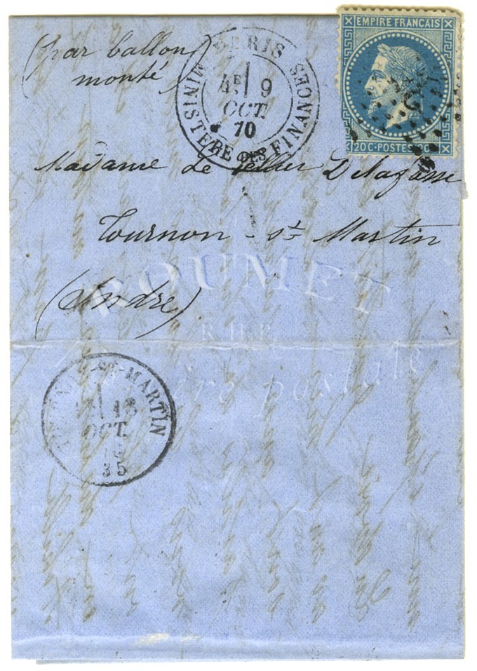 Etoile 35 / N° 29 (def) Càd PARIS / MINISTERE DES FINANCES 9 OCT. 70 Sur Lettre Adressée à Tournon St Martin. Au Verso,  - Guerre De 1870