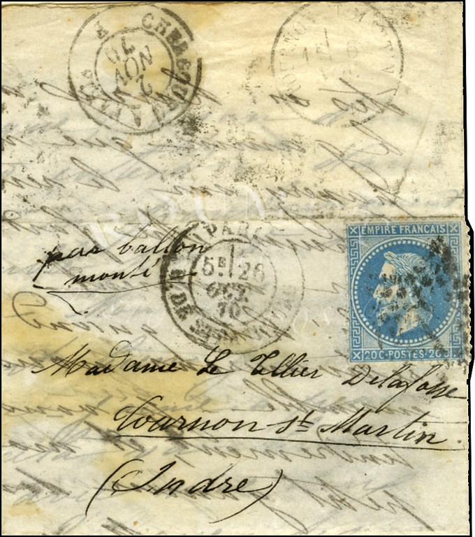 Etoile 14 / N° 29 Càd PARIS / R. DE STRASBOURG 26 OCT. 70 Sur Lettre Adressée à Tournon St Martin. Au Verso, Càd De Pass - Guerre De 1870