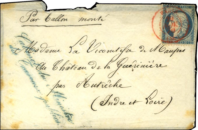 Càd Rouge PARIS (SC) 20 NOV. 70 / N° 37 + Griffe Bleue Cabinet Du Ministre / Des Travaux Publics Sur Lettre Sans Texte A - Guerre De 1870