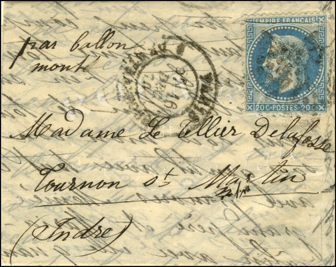 Etoile 14 / N° 29 Càd PARIS / R. DE STRASBOURG 16 DEC. 70 Sur Lettre Adressée à Tournon St Martin Sans Càd D'arrivée. LE - Guerre De 1870