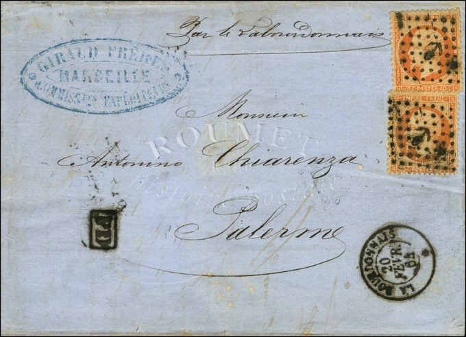 Ancre / N° 23 (2, 1 Ex Léger Pli) Càd LA BOURDONNAIS / * Sur Lettre De Marseille Pour Palerme. 1864. - TB / SUP. - RR. - Maritime Post