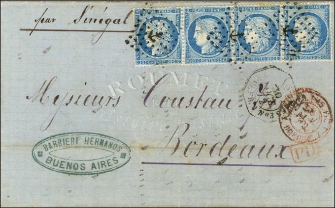 Ancre / N° 60 Bande De 4 Càd Octo BUENOS AYRES / PAQ FR J N° 3 Sur Lettre Pour Bordeaux. 1872. - TB. - Schiffspost