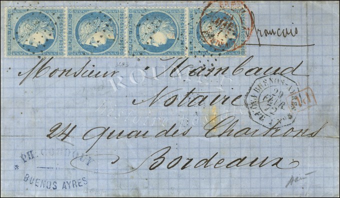 Ancre / N° 60 Bande De 4 Càd Octo BUENOS AYRES / PAQ FR J N°5 Sur Lettre Pour Bordeaux. 1872. - TB. - R. - Maritime Post