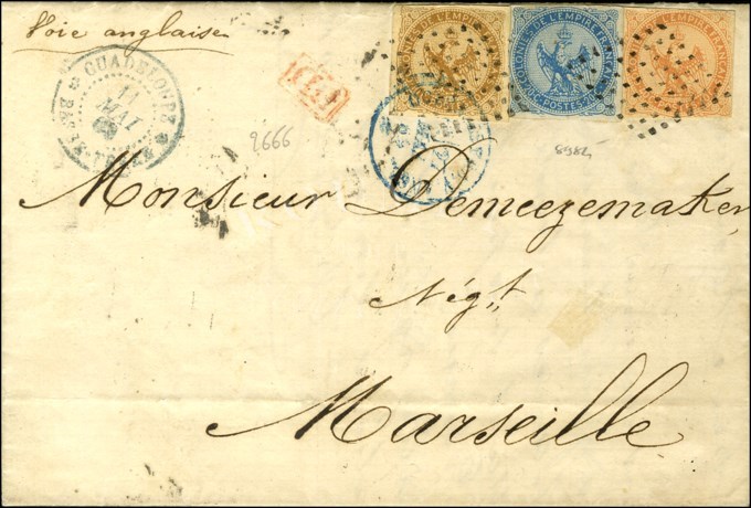 Losange / CG N° 3 + 4 + 5 Càd Bleu GUADELOUPE / BASSE-TERRE Sur Lettre Pour Marseille. 1869. - TB. - R. - Poste Maritime