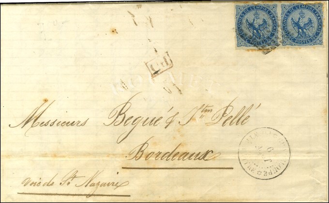 Losange / CG N° 4 (paire) Càd GUADELOUPE / POINTE A PITRE Sur Lettre Au Tarif Des Bâtiments De Commerce Pour Bordeaux. 1 - Maritime Post