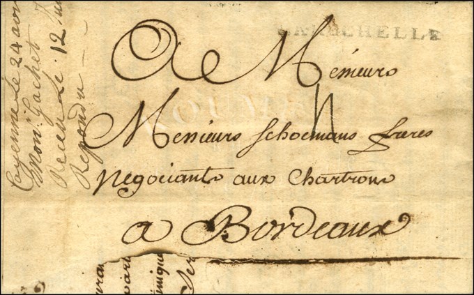 Lettre Avec Texte Daté De '' Cayenne Le 24 Avril 1742 '' Pour Bordeaux, Au Recto MP D'entrée LA ROCHELLE. Très Rare à Ce - Maritime Post