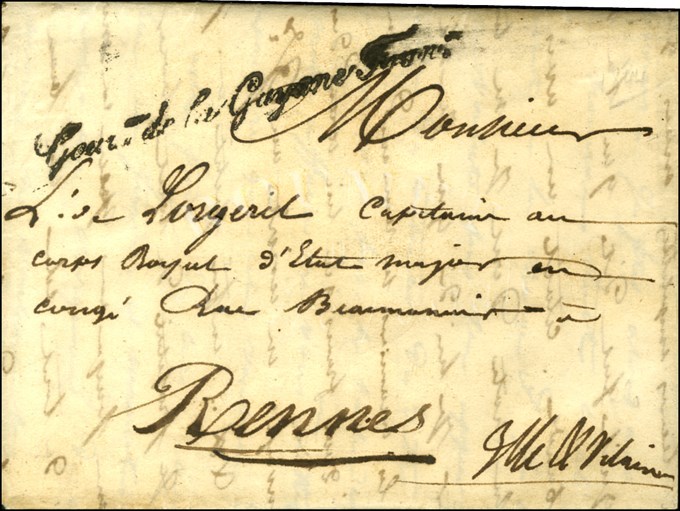 Lettre Avec Texte Daté De '' Cayenne Le 31 Mars 1844 '' Adressée En Franchise à Rennes, Au Recto Très Rare Marque De Fra - Maritime Post