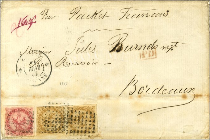 Losange / CG N° 3 (paire) + 6 Càd GUYANE / CAYENNE Sur Lettre 2 Ports Pour Bordeaux. 1867. - TB. - R. - Maritime Post