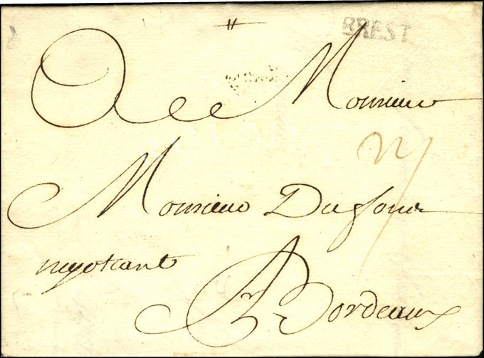 Lettre Avec Texte Daté '' St Pierre Le 21 Février 1746 '' Pour Bordeaux, Au Recto MP D'entrée BREST. Très Bon Texte Mili - Maritime Post