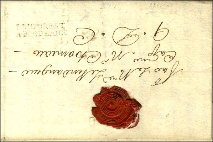 Lettre Avec Texte Daté De '' St Pierre Le 12 Juin 1752 '' Pour Bordeaux, Au Verso Très Rare MP D'achemineur DUFOREST / A - Poste Maritime