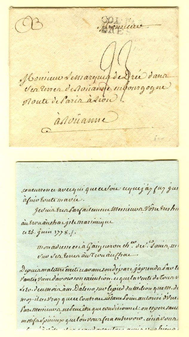 Enveloppe Avec Texte Daté '' Au Trou Au Chat île Martinique Ce 25 Juin 1778 '' Pour Roanne, MP D'entrée COL PAR / BREST. - Maritime Post