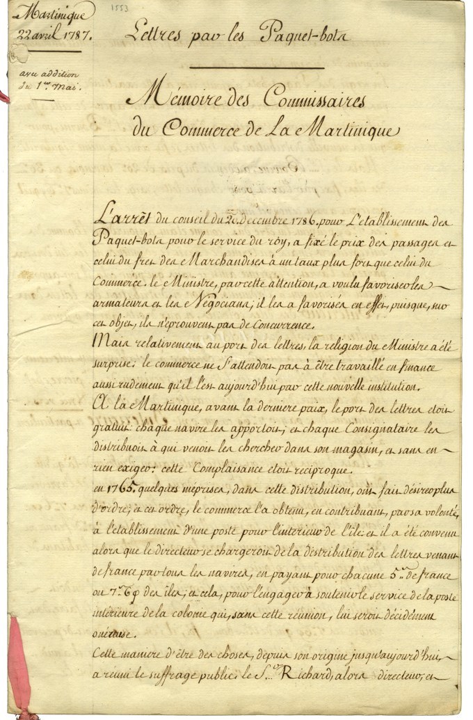 Superbe Document De 10 Pages Daté De St Pierre De La Martinique Le 22 Avril 1787 : '' Mémoire Des Commissaires Du Commer - Maritime Post