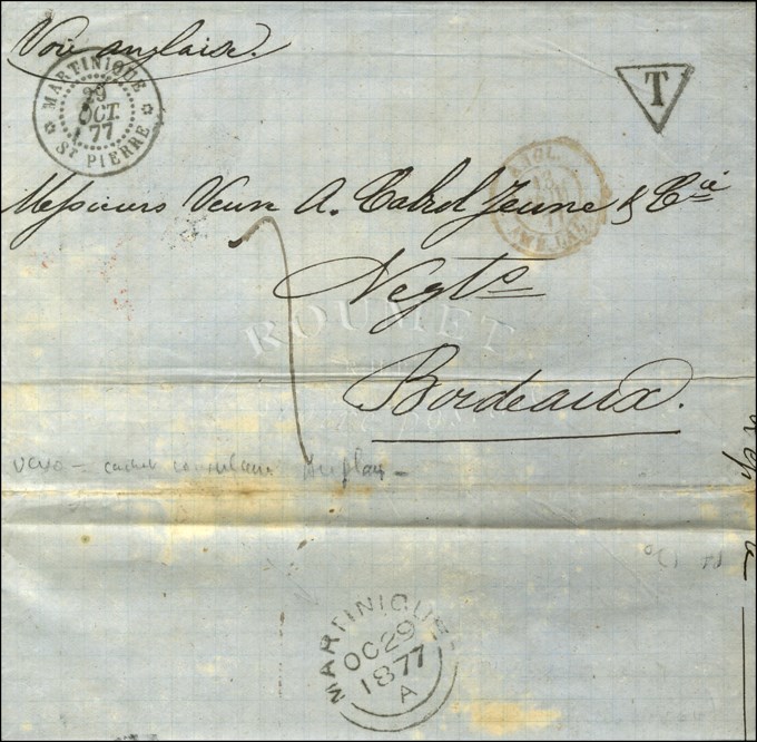 Lettre Avec Texte Daté '' St Pierre Le 29 Octobre 1877 '' Pour Bordeaux, Au Recto Càd MARTINIQUE / St PIERRE, Au Verso C - Maritime Post