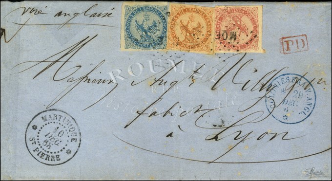 Losange MQE / CG N° 4 + 5 + 6 Càd MARTINIQUE / St PIERRE Sur Lettre 2 Ports Pour Lyon. 1868. - TB / SUP. - R. - Maritime Post