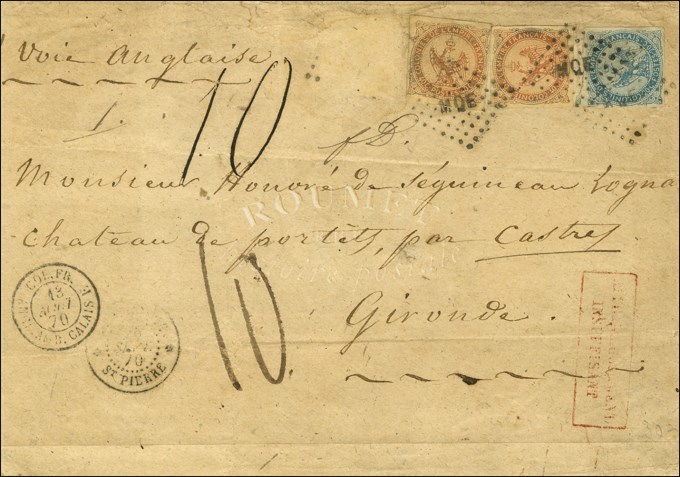 Losange MQE / CG N° 4 + 5 (2) Càd MARTINIQUE / St PIERRE Sur Lettre Insuffisamment Affranchie Taxée 10 Pour Castres. 187 - Maritime Post