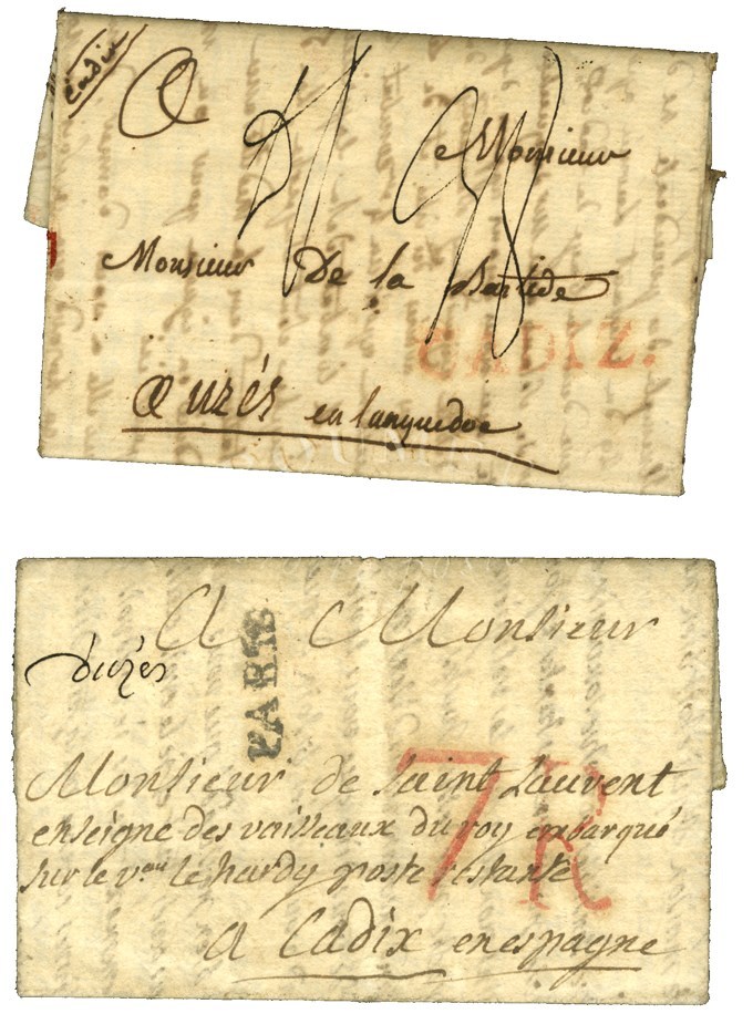 Lot De 2 Lettres : - Très Long Et Superbe Texte Daté '' à Bord Du Vaisseau Le Hardy En Rade De Cadix Le 31 Août 1780 ''  - Schiffspost