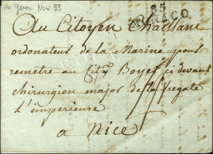 Lettre Avec Texte Daté '' Gênes Le 23 Novembre 1793 '' Adressée à Un Chirugien Major De La Frégate L'Impérieuse à Nice.  - Correo Marítimo