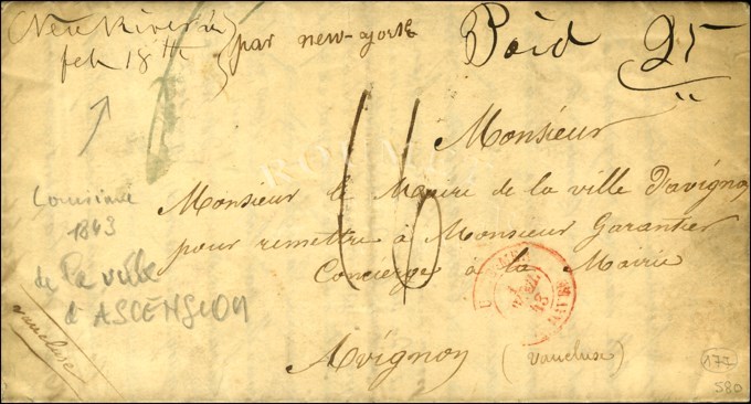 Lettre Avec Texte Daté '' Ascension (Louisiane) Le 5 Février 1843 '' Pour Avignon, Au Recto Diverses Mentions D'achemine - Maritieme Post