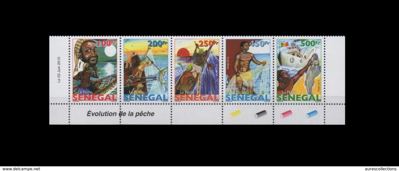 SENEGAL 2015 (DESIGN 1977) EVOLUTION DE LA PECHE FISHING EVOLUTION POISSONS FISHES FISH CHASSE STRIP DATE RARE MNH ** - Sénégal (1960-...)