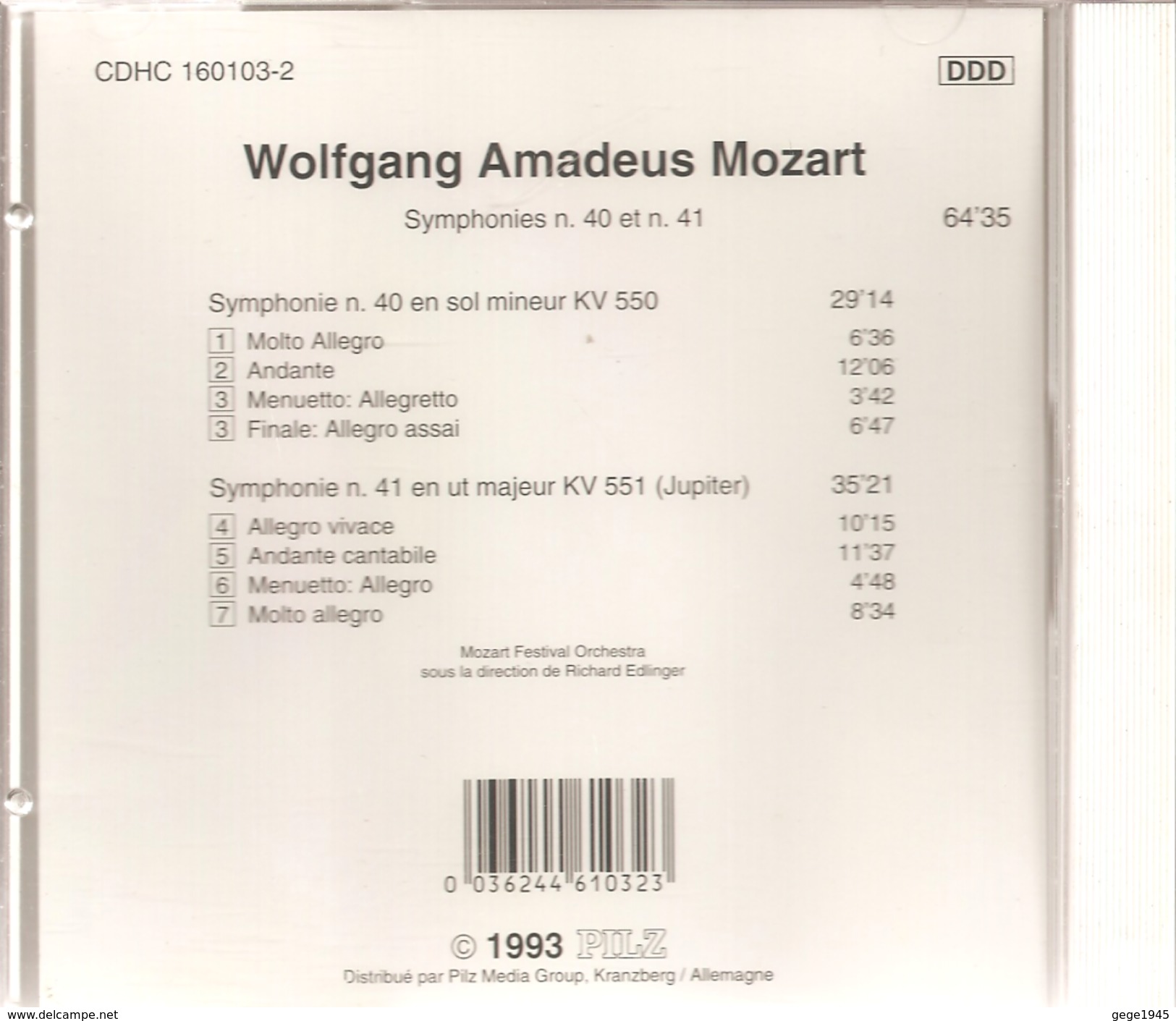 CD    Mozart  "  Symphonies N° 40  &  41 Par Festival Orchestra  De 1993  Avec  7  Titres - Klassik