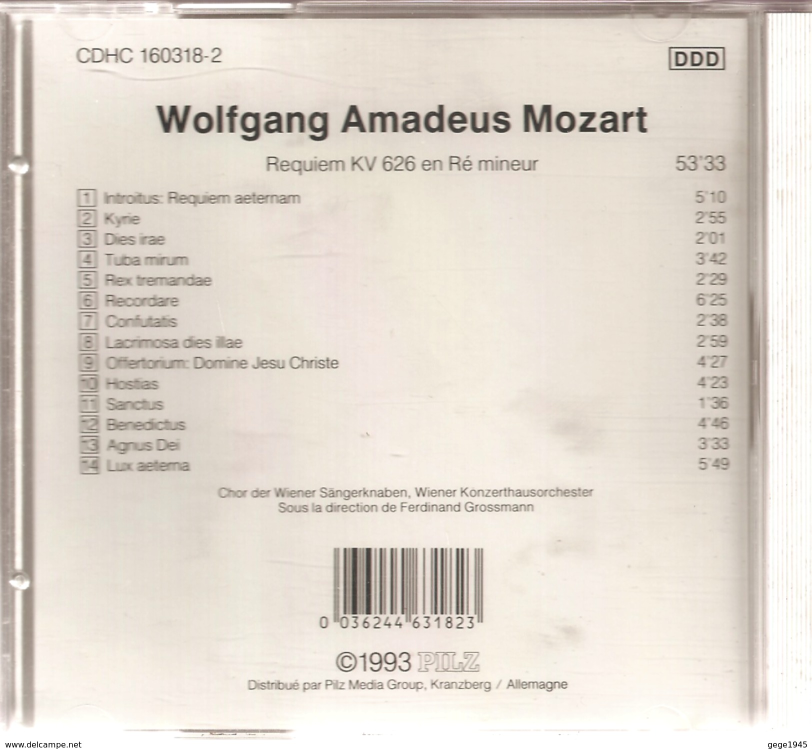 CD    Mozart   "  Requiem  -en Ré Mineur   "  Par  Wiener  Konzerthausorchester  De 1993  Avec  14  Titres - Klassik