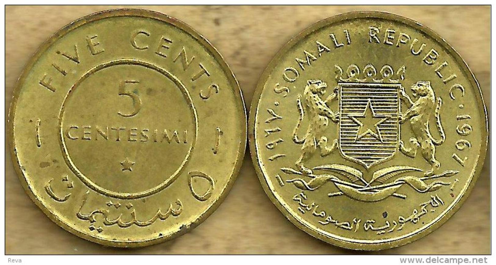 SOMALIA 5 CENTESIMI INSCRIPTIONS FRONT EMBLEM BACK 1967 VF+ READ DESCRIPTION CAREFULLY !!! - Somalia