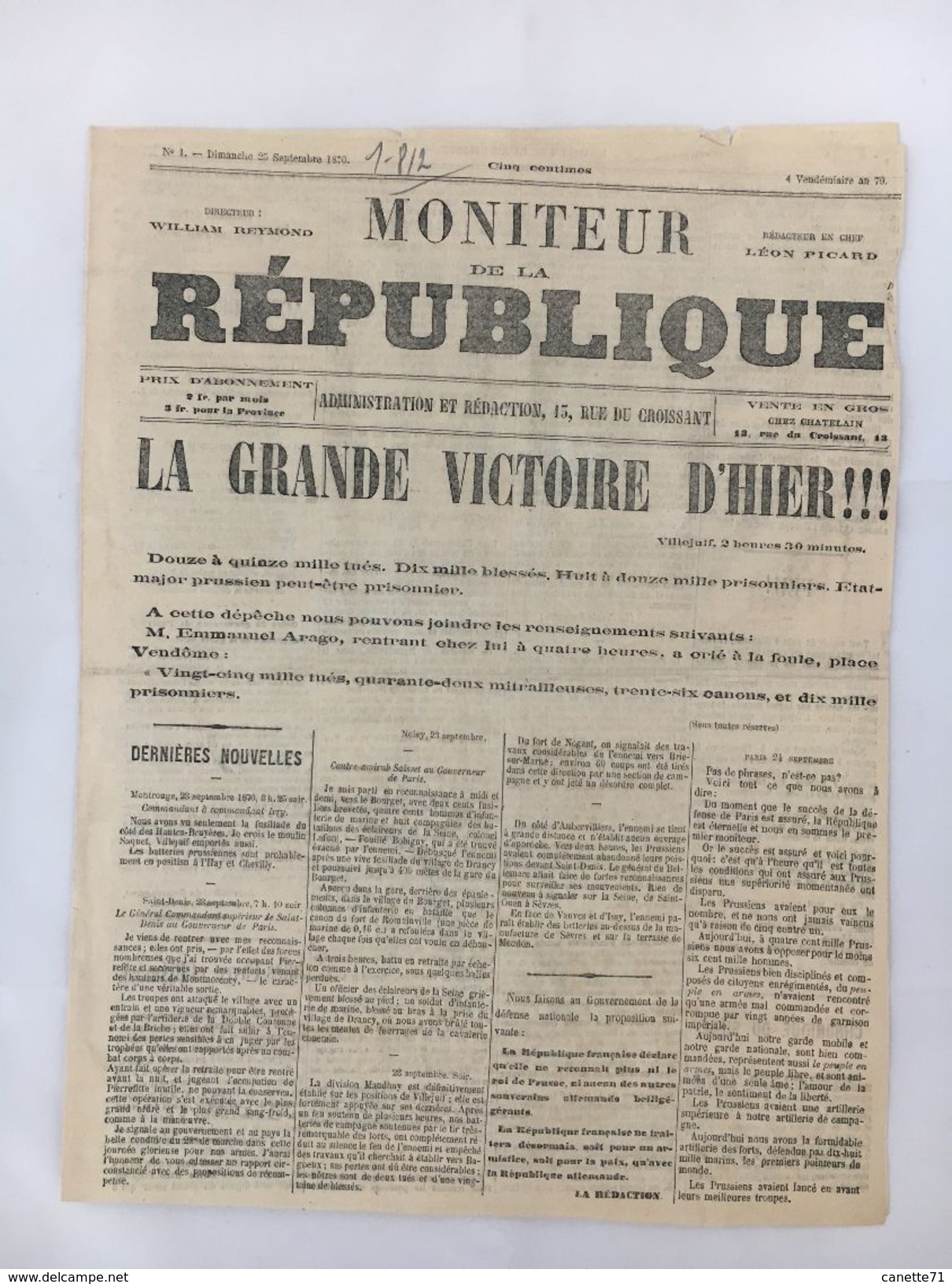 Moniteur De La République - Numéro 1 - 25 Septembre 1870 - 1850 - 1899