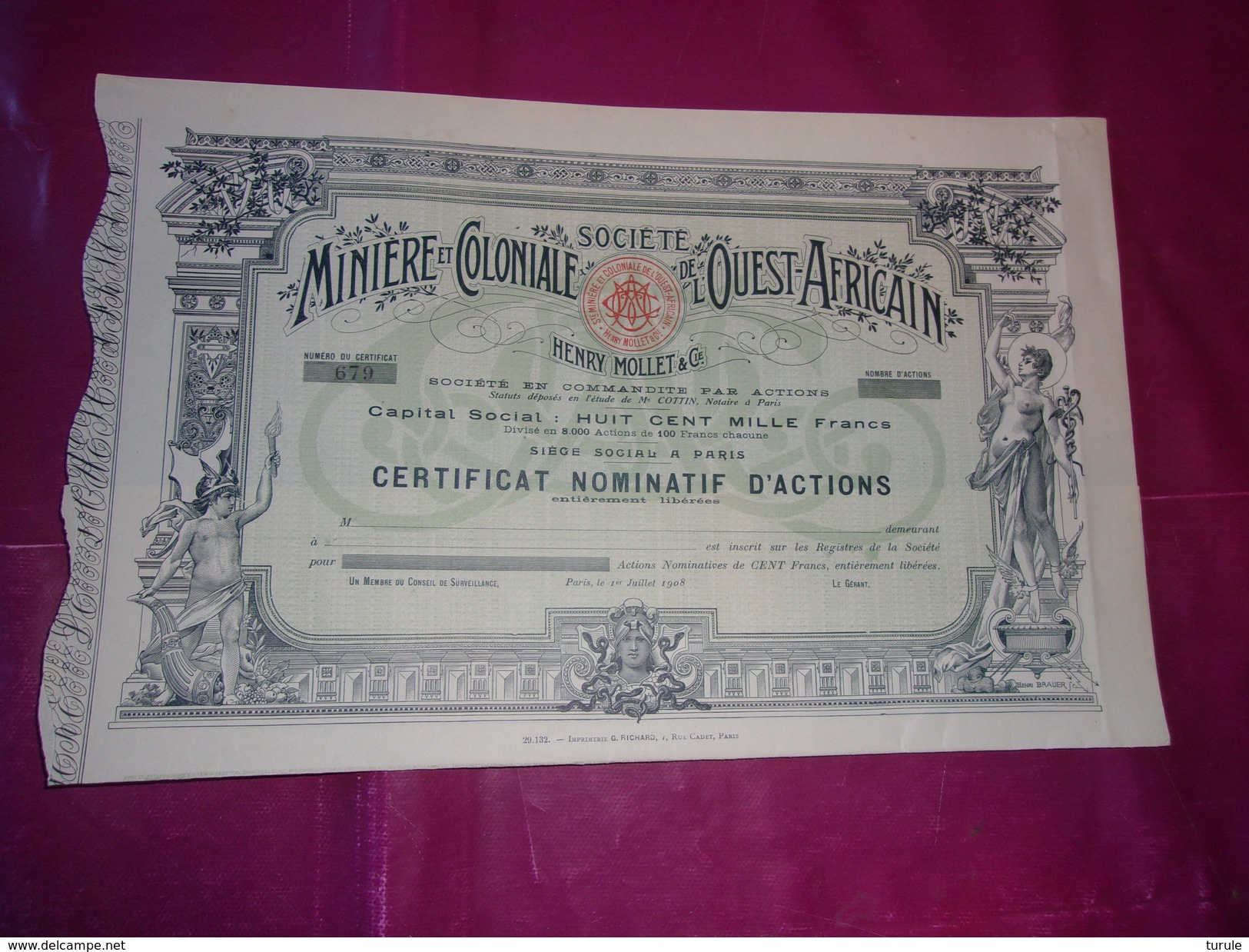 MINIERE ET COLONIALE DE L'OUEST AFRICAIN (certificat) 1908 - Autres & Non Classés
