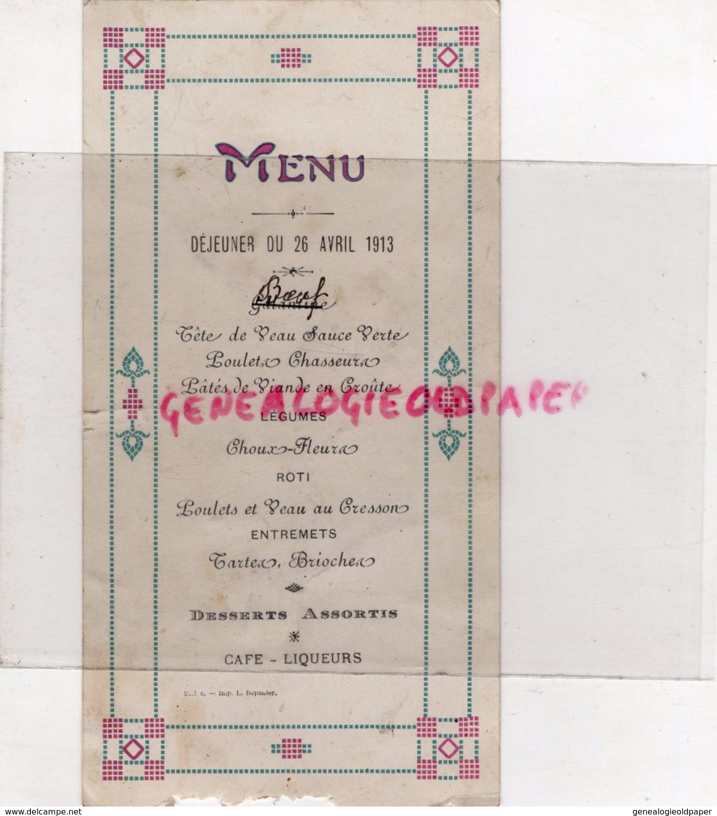 87- ROCHECHOUART- MENU DU 26 AVRIL 1913- IMPRIMERIE DUPANIER - Menus