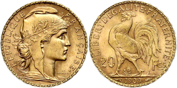 928 20 Francs, Gold, 1909, Gallischer Hahn, Ss/vz  Ss-vz - Autres & Non Classés