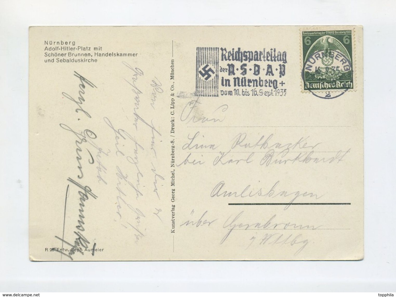 1935 3. Reich Farbkarte Zur Erinnerung An Nürnberg Stadt Der Reichsparteitage Mit Mi 586 Echt Gelaufen - Briefe U. Dokumente