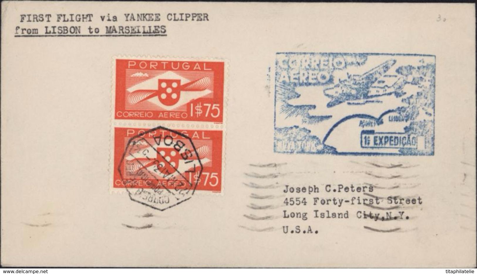 YT Ae 2 Correio Aereo 1e Expediçao Lisboa New York USA First Flight Via Yankee Clipper From Lisbon To Marseille Aviation - Used Stamps