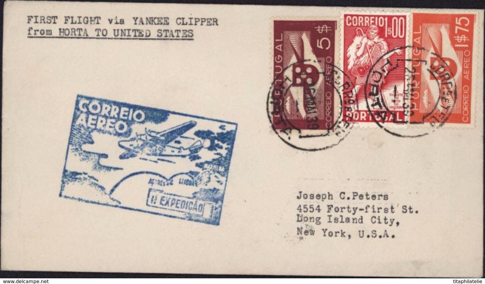 YT 587 Ae 2 Et 6 Correio Aereo 1e Expediçao Lisboa New York USA First Flight Via Yankee Clipper From Horta To USA - Used Stamps
