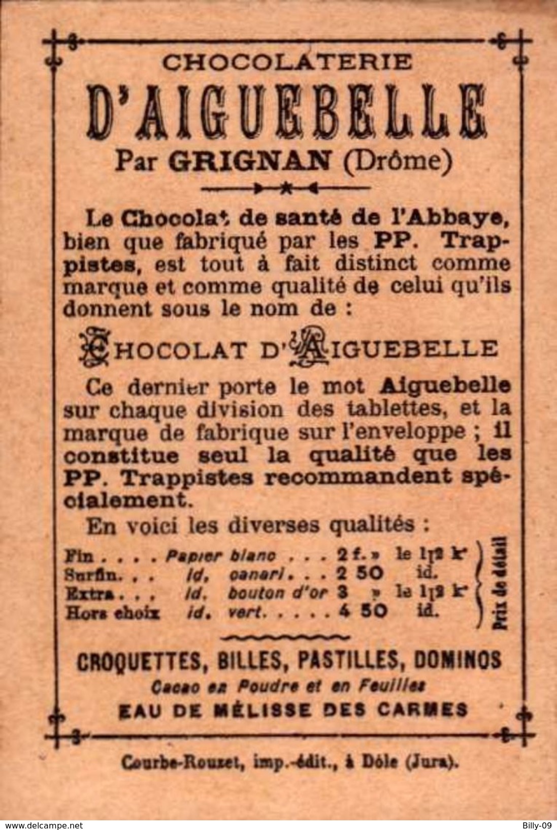 1 Chromos Chocolat - Aiguebelle - Les Bijoutiers St Avoye - Bill-759 - R/V - Aiguebelle