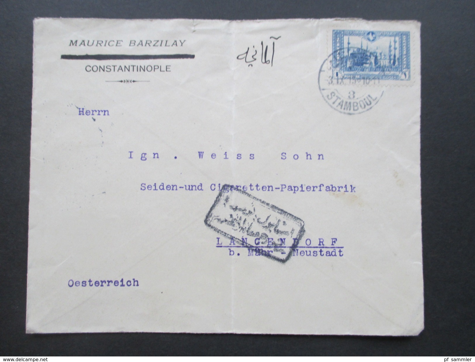 Türkei 1915 Brief Von Constaninople - Langendorf Mährisch Neustadt. Schwarzer Kastenstempel. Cigaretten Papierfabrik - Storia Postale